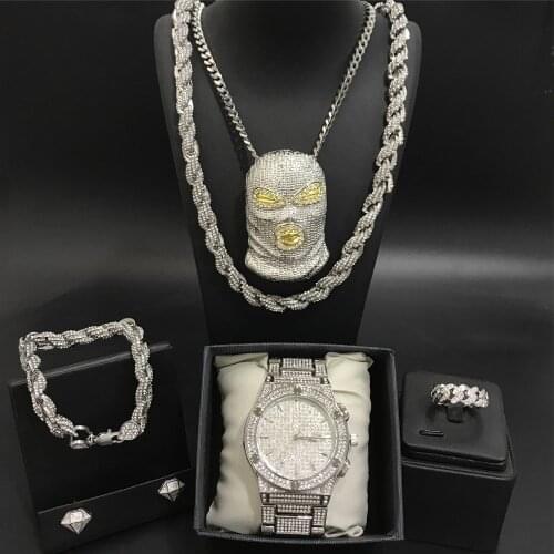 Luxury Men Silver Color Watch & Neckalce & Braclete &Ring & Earrings Combo Watch Set Ice Out Cuban Crystal Miami Hip Hop For Men