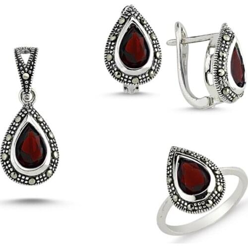 Silver 925 Sterling Marcasite Pendant Earring & Ring Set