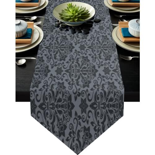 Baroque Pattern Decoration Flower Grey Table Runner Country Wedding Decor Tablecloth Placemat Dinning Table Art Table Runners