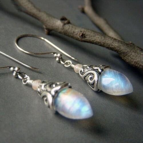 Vintage Tribal Teardrop Moonstone Earrings Boho Ethnic Jewelry Antique Silver Color Drop Dangle Earrings for Women