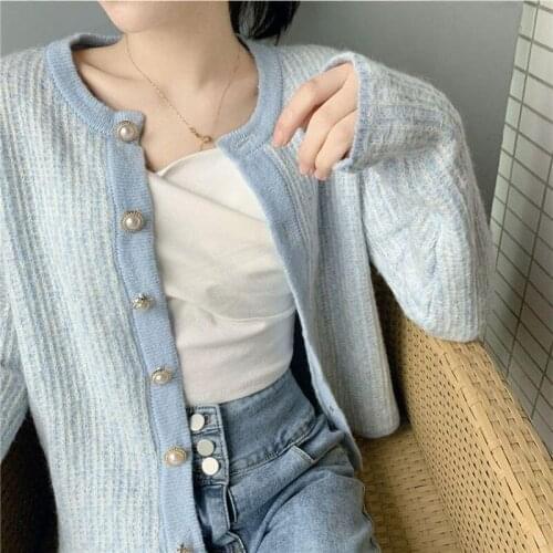 Knitted cardigan jacket women 2021 autumn and winter fashion new long-sleeved round neck solid color sweater all-match top