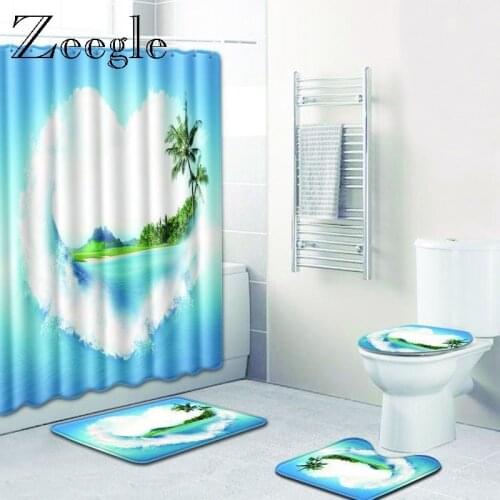 Zeegle 4Pcs Microfiber Bath Mat and Shower Curtain Set Bathroom Foot Pad Toilet Decor Mat Toilet Seat Cover Bath Accessories