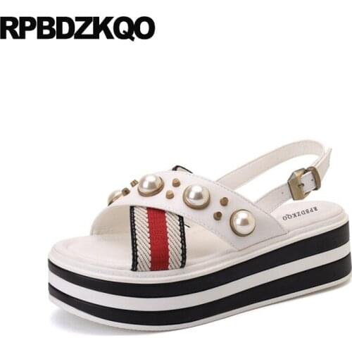 Elegant white slip on 2019 casual women embellished slingback shoes high heels pumps platform wedge sandals summer flatform