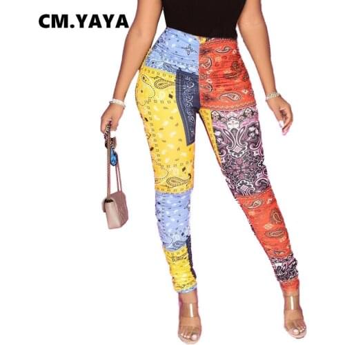 CM.YAYA Print Pattern Full Length Summer Pencil Pants for Women Skinny Elastic Waist Slim Trouser Casual Streetwear New Fashion