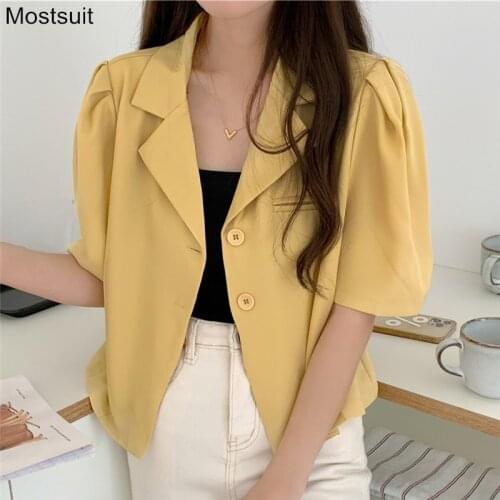 Korean Fashion Notched Collar Women Suit Blazer Summer Thin Half Sleeve Single Breasted Tops Workwear Elegant Female Blazers
