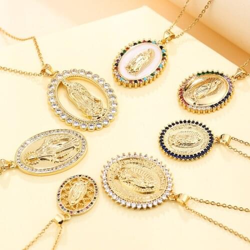2021 New Vintage Gold Stainless Steel Virgin Mary Pendant Necklace For Women Charm Female Religious Color Zircon Jewelry Gift