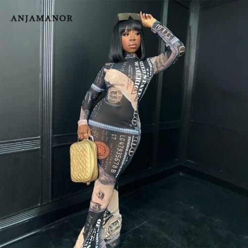 ANJAMANOR Rich Money Print Sheer Mesh Bodycon Dresses for Women Party Club Wear Sexy Long Sleeve Maxi Dress D90-CB18
