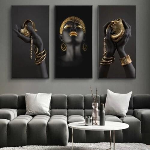 African woman art posters and prints, black hands holding black gold jewelry wall art canvas paintings to decorate the bedroom