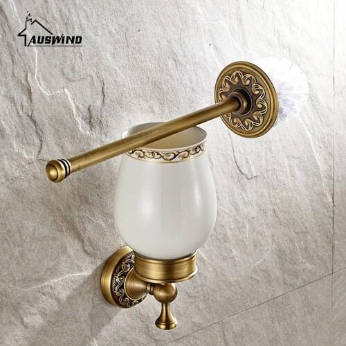European Antiqu Brushed Carved Toilet Brush Holders Solid Brass Frame and Ceramic Cup Holder Bathroom Products Accessories AC