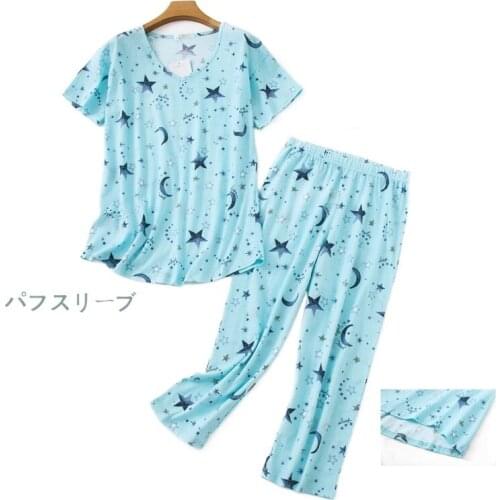 Women Set Spring Short-sleeved Cropped Trousers Pajamas Set Cartoon Stars Print Two Piece Set Summer Cotton Women Sleepwear Set