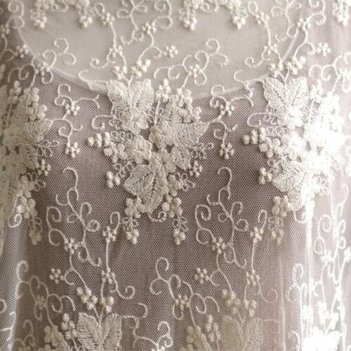 Beautiful 135cm Width 1M/lot 3D Embroidered Beige/White Lace Fabric Soft Net Fabric Sewing Curtain DIY Craft Accessory X645