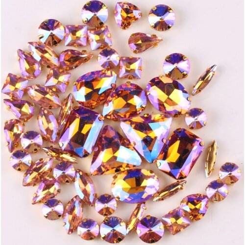 Gold claw setting 50pcs/bag 11 shapes mix Lt peach AB glass crystal sew on rhinestone Crystals wedding dress shoes bags diy