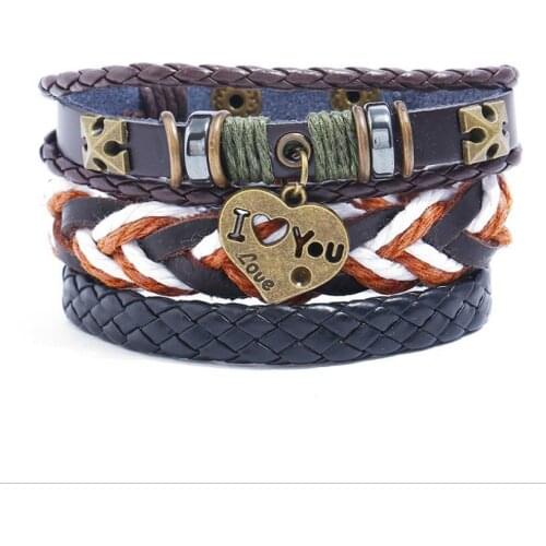 Trendy Boyfriends Birthday Gifts Simple Retro Heart Pendants Leather Bracelets Multilayer Charm Bracelets