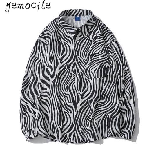 Men Shirts Zebra pattern Print Long Sleeve Loose Casual Shirt 2020 Autumn Korean Style Hip Hop High Street Vintage Male Tops