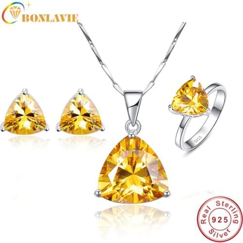 BONLAVIE 100% 925 Sterling Silver Citrine Woman Fine Jewelry Sets Necklace/Ring/Earring Wedding Band Engagement Jewelry Gift