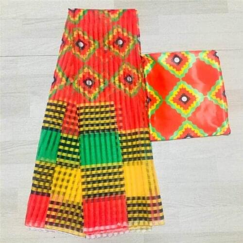 Latest high quality Ghana style satin silk fabric with organza ribbon and African wax design 6 yards/set sewing materials!101071