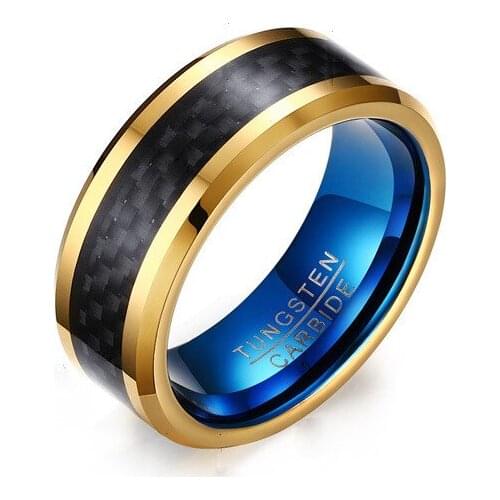 2020 new 8MM tungsten steel + carbon fiber ring gold + blue European and American style jewelry