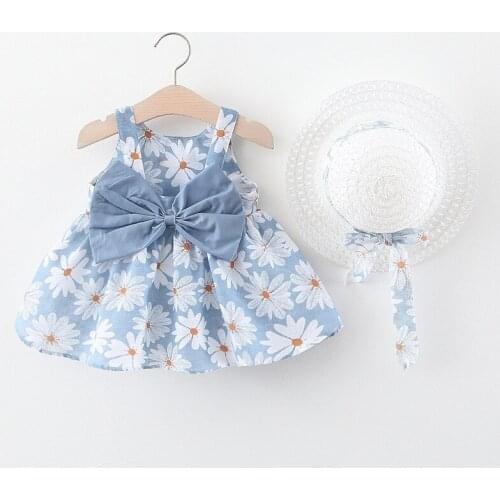 2021 New Fashion Baby Girl Dresses Princess Cute Dress + Hat Party Cotton Flower Children Bow Sleeveless Sweet Clothing 1-2 Year