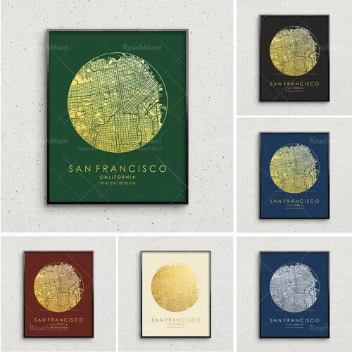 San Francisco map printing, gold and silver circular map, San Francisco wall art, San Francisco city poster