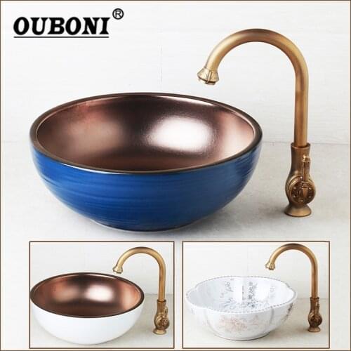 Hand Painted Art Ceramic Vessel Basin Bathroom Sink Set Roatated Antique Brass Kitchen Faucet White Design Gold Basin Mixer Tap