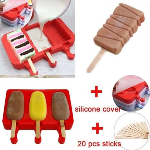 3 Holes Silicone Popsicle Molds Ice Cream Mold Tray Reusable Kitchen Tools Form For Ice Frozen With Wooden Sticks Lid 2018