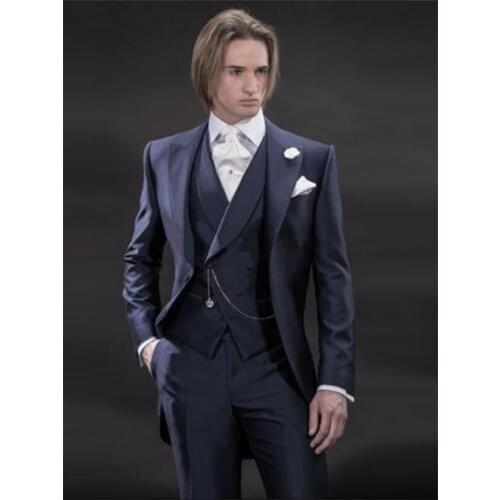 High Quality Two Buttons Navy Blue Groom Tuxedos Peak Lapel Groomsmen Best Man Suits Mens Wedding Suits (Jacket+Pants+Vest)
