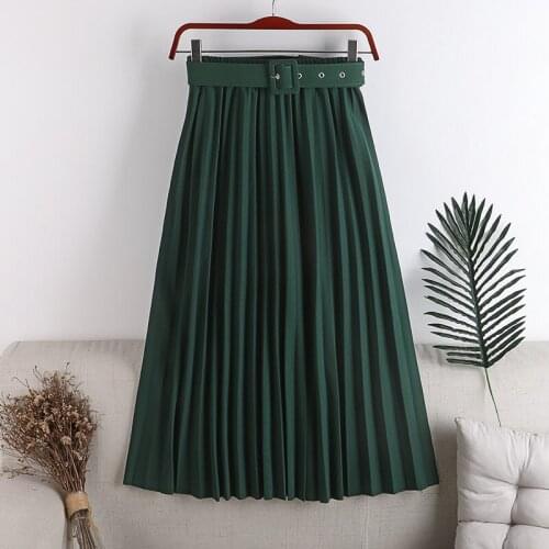Spring Autumn 2021 New High Waist Womens Pleated Skirts with Belted Minimalism Solid Elegant Office Female Long Skirts Ladies
