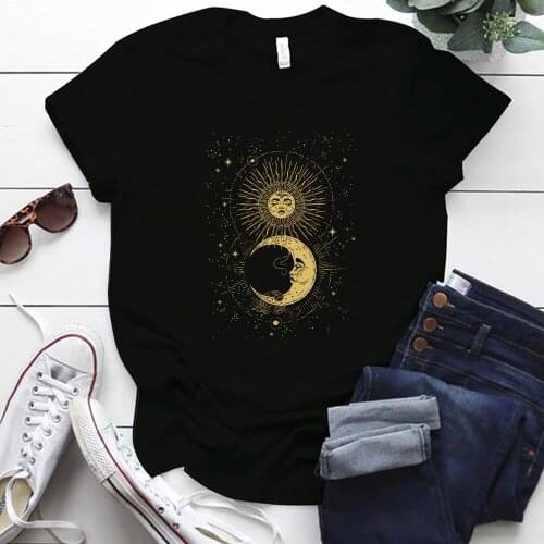 Seeyoushy Golden Sun Moon Print Funny Tshirt Women Short Sleeve Casual Summer T-shirt for Women Tops Y2k Aesthetic Clothes