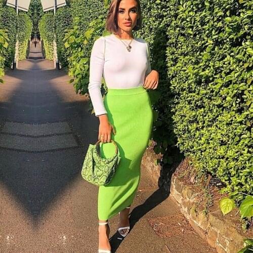 Women 2021 Bodycon Neon Pink Skirt Knitted High Waist Midi Skirt Female New Autumn Winter Elegant Office Workwear Pencil Skirts