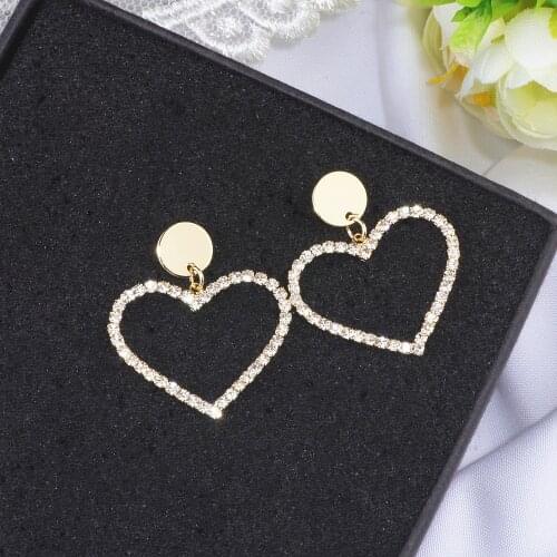 Korean Fashion Jewelry Sweety Lovely Heart Drop Earrings Gold Sliver Color Hollow Crystal Heart Earrings For Girl Women WX129