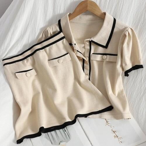 2021 Summer Knitting 2PCS Suits Single Breasted Turn-down Collar Puff Sleeve Cardigan+High Waist A-Line Mini Skirt Set Women