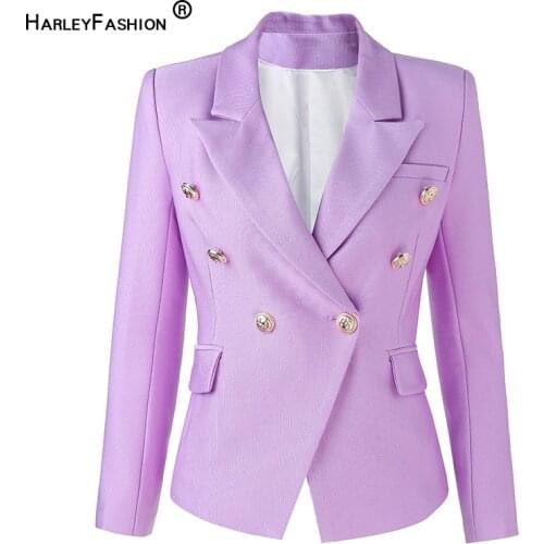 HarleyFashion New Luxury Brand Quality Warm Fabric Tweed Solid Purple Elegant Womens Jacket High Street Female Blazer