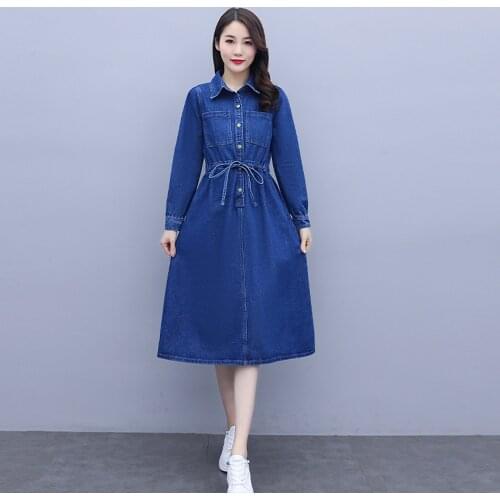 New Spring Autumn Women Jeans Dress Turn-Down Collar Collect Waist Sashes Slim Solid Single Button For Females Denim One-Piece