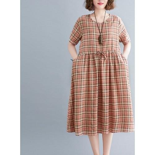 Pink Plaid Dress 2021 New Arrival Short Sleeve Loose Summer Dress Cotton Linen Draw String Slim Women Travel Casual Midi Dress