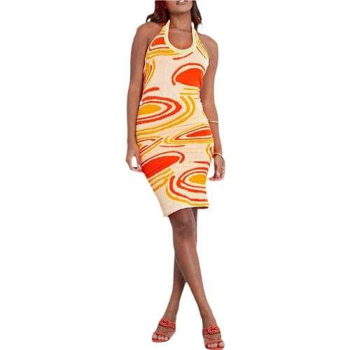 2021 New Womens Fashion Swirl Jacquard Knitted Dress Sexy Halter Backless Skinny Mid-length Dress