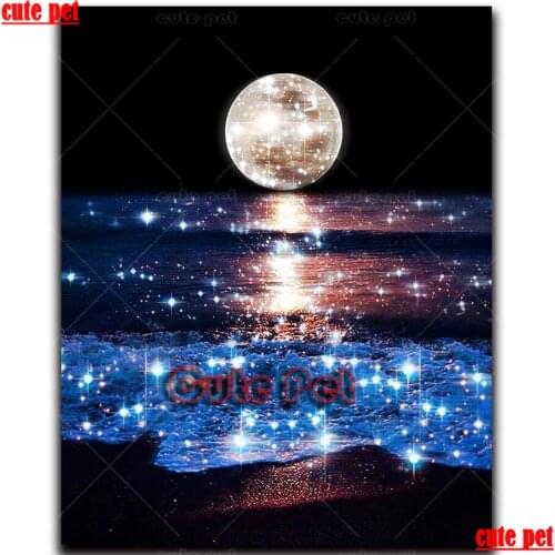 5d diy Diamond Painting Shining moon sea waves full drill Diamond embroidery crystal sale diamond mosaic landscape decoration