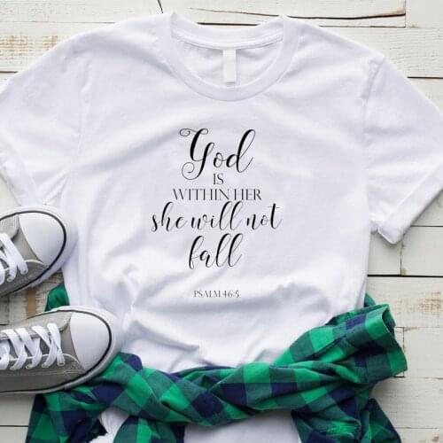 God Is Within Her She Will Not Fall Plus Size Women T-shirt Christ Shirt Fashsion Cotton Female Clothing O Neck Short Sleeve Tee
