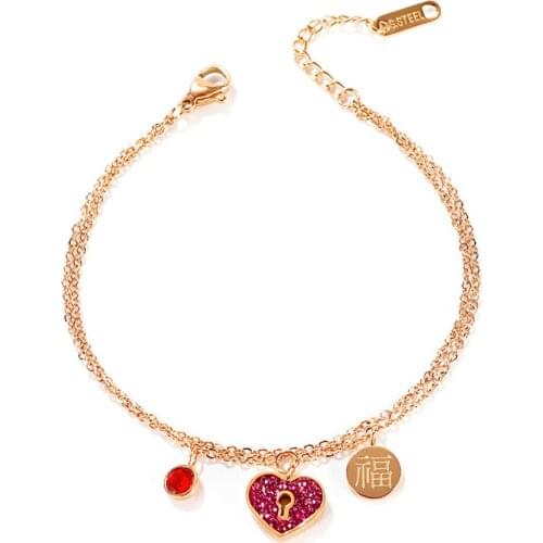 Stainless Steel Rose Gold Heart Lock Bracelet Bangle Jewelry Gift Women Ladies Double Heart Red Stones Tag Bracelets Gift