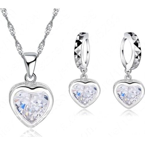 Fast Shipping New Jewelry Heart Shiny Cubic Zircon Set 925 Sterling Silver CZ Necklace+ Dangle/Hoop Earrings Sets
