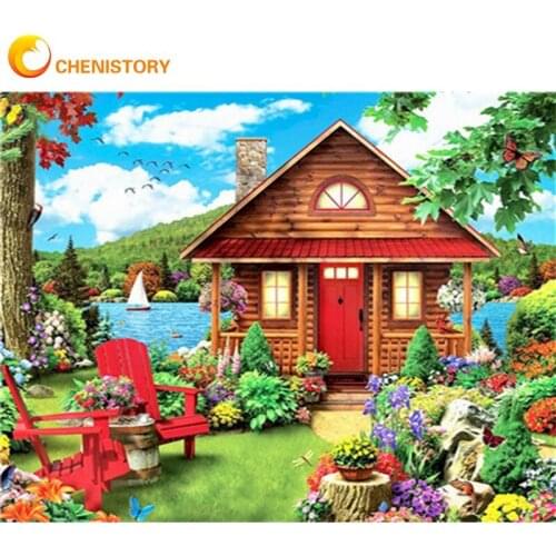 CHENISTORY Village Seaside House Scenery Painting By Numbers Kits For Adults Children 60x75cm Framed Home Bedroom Decorations