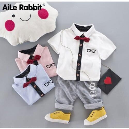 AiLe Rabbit 2018 Summer New Cotton Infant Summer Suit Boy Cardigan Bow Short Sleeve Striped Pants Childrens Set