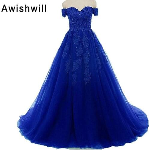 Elegant Long Evening Gowns Off Shoulder Applique Beaded Tulle Women Prom Dress Vestidos de Fiesta Largos Elegantes de Gala 2020