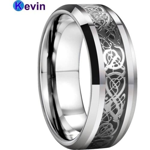Black Carbon Fiber Ring Tungsten Ring Men Women Wedding Band With Steel Dragon Inlay 8MM Comfort Fit