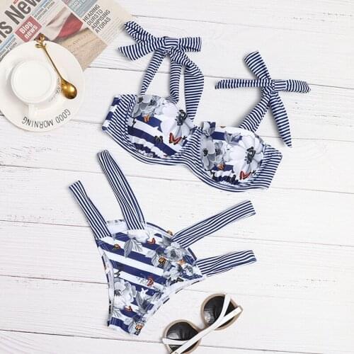 MYTENG Vintage Print 2 Piece Set Bikini Swimsuit Bra Cup Underwired Push Up Swimwear Women Summer Beachwear Backless Biqiuni