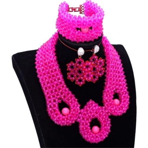 Statement Bridal Jewelry Sets Crystal Fuchsia Costume African Necklace Sets For Women Hot Pink Nigerian Wedding Jewellery Set