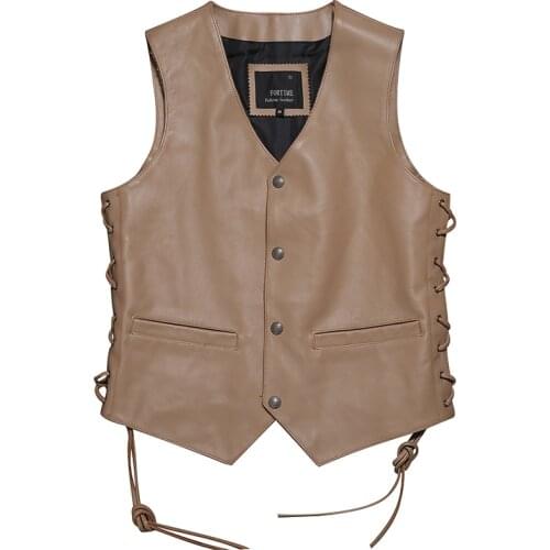 Men Genuine Leather Vest 100% Cowhide Motorcycle Biker Leather Vests Adjustable Lace Up Leather Waistcoat Sleeveless Jacket