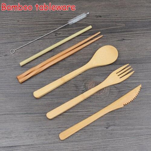 7pcs/lot Wooden Flatware Cutlery Set Bamboo Straw Dinnerware Set With Cloth Bag Knives Fork Spoon Chopsticks Travel Wholesale