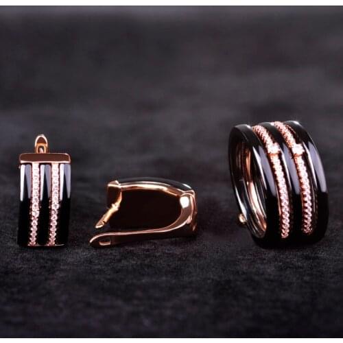 Blucome China Porcelain Ceramic Jewelry Sets Soft Copper Stud Earrings Rhinestones Five Lines White And Black Wide Ring With Box