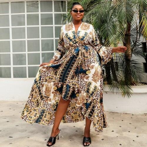 New Style Plus Size African Clothes Ruffle Sleeve Africaine Dashiki Dress Fashion Printing Bandage Temperament Dresses YS2058