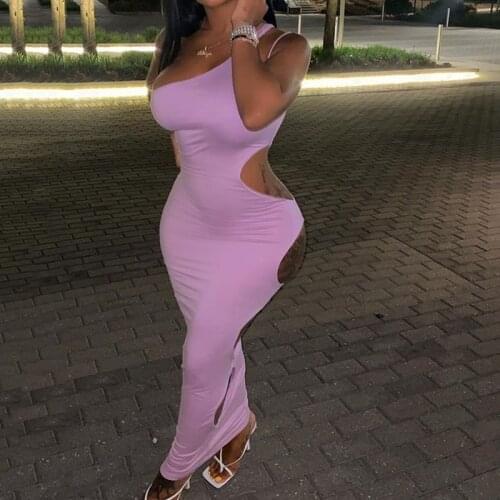 OMSJ Sleeveless Side Cut Out Hole Irregular Maix Dress Ladies Skinny Backless Party Night Clubwear Solid Female Clothing Outfits